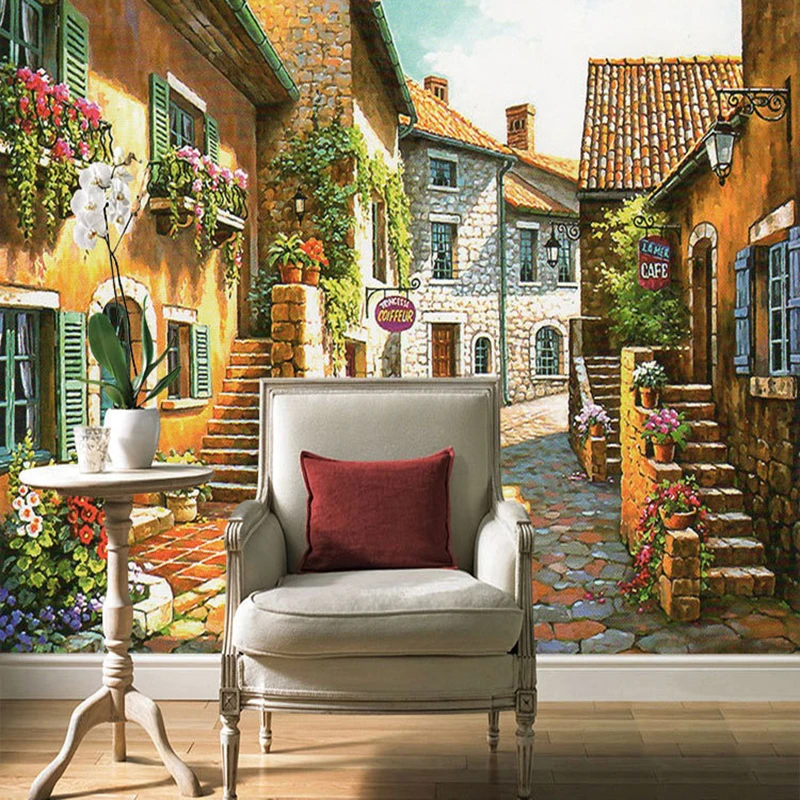 

Custom Photo Wallpaper Pastoral Town Vintage House Road Flower Mural Wall Paper For Living Room TV Sofa Background Wall Painting