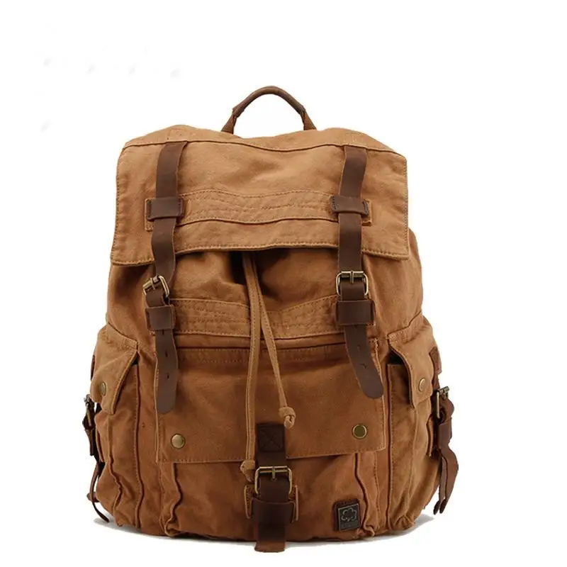 Vintage Korean style Men Military canvas Leather backpack men hiking backpacks boy canvas school backpacks traveling bag