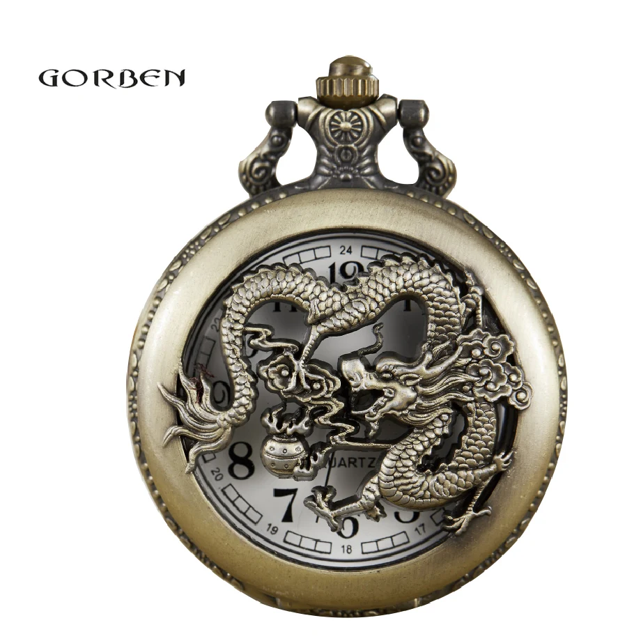 Clássico bronze dragão e phoenix oco masculino senhora relógio de bolso de quartzo steampunk relógio feminino com colar pendente melhor presente