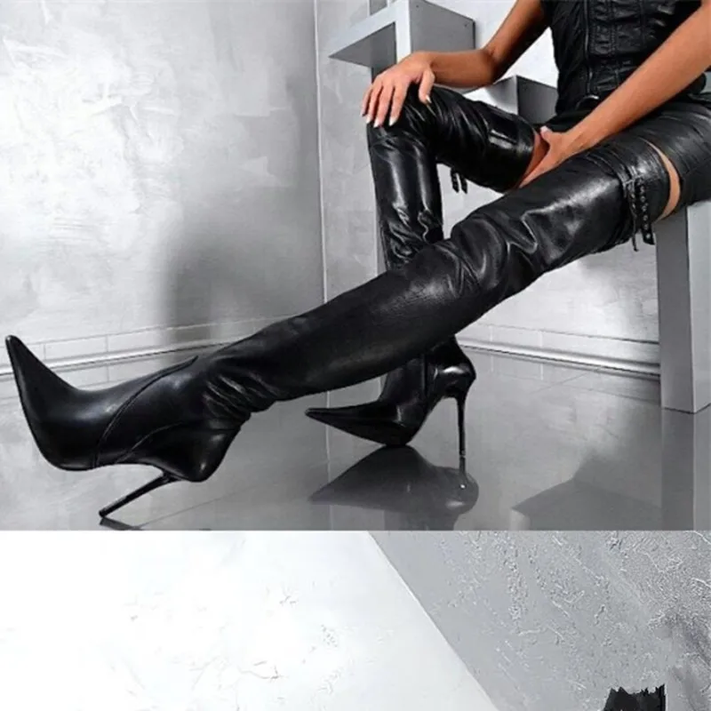 

Sexy Solid Black Leather Over the Knee Boots Buckled Knight Boots Ladies Stage Pointed toe Thigh Boots Stiletto Botas plus size