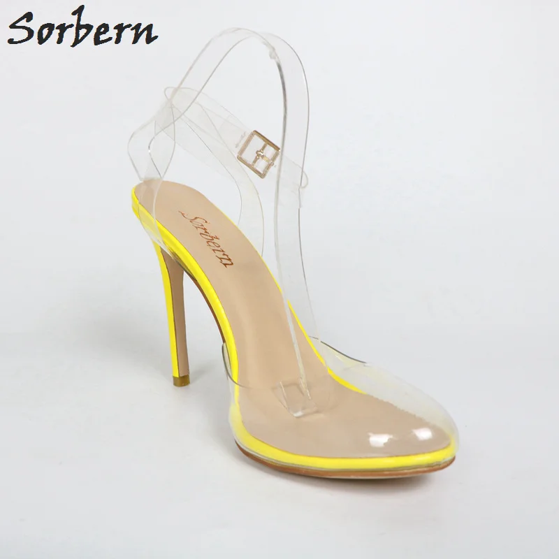 Sorbern Yellow Patent Leather Transparent Plastic Slingback Pump Women High Heel Stilettos Cute Round Toe Ankle Strap Summer