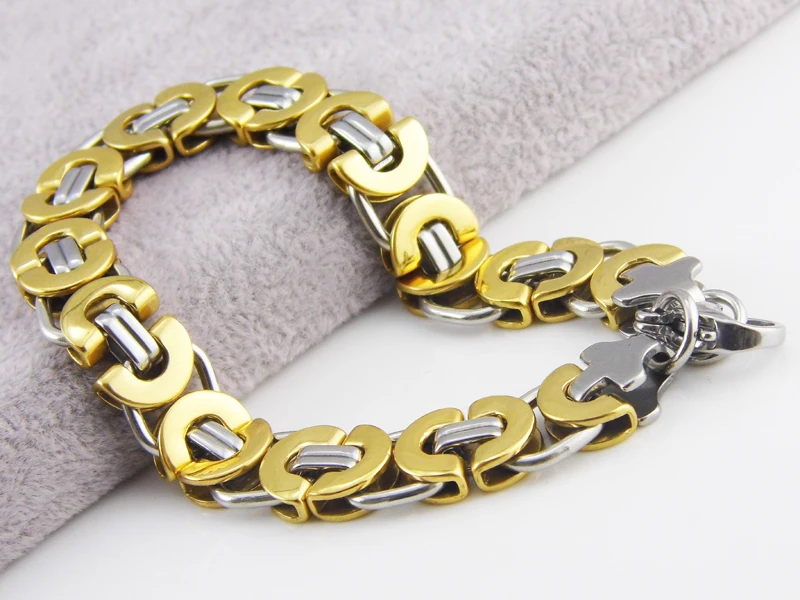 Length 21.5 cm Wide 11mm Fashion  Men\'s Jewelry Stainless Steel Silver Color/Gold Byzantine Bracelet