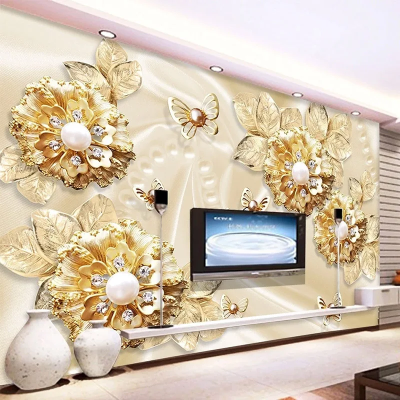 

Photo Wallpaper 3D Stereo Luxury Golden Flower Jewelry Murals Living Room TV Background Wall Home Decor 3D Sticker Papel Tapiz