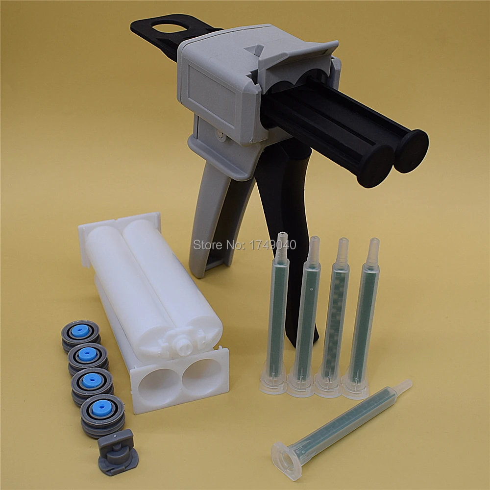 Dispenser di colle AB pistola per calafataggio da 50ml pistola per colla 1:1 con tubo per ugello di miscelazione statica da 5 pezzi e 2 set cartuccia vuota a doppia canna da 50ml
