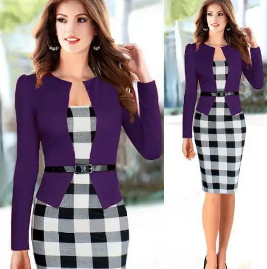 Womens Elegant Pencil Dress Patchwork Solid Tartan Check Plaid Wear to Work Business OL Party Bodycon work Occupation dress BC