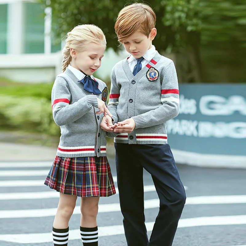 子供の学校の制服大人カスタム英語スタイルカーディガン小学校着用子供幼稚園制服 4 ピース D-0557