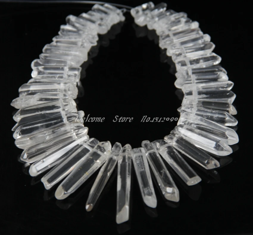 

50Pcs/Strand Polished Clear Quartz Stick Point Pendants,Raw Crystals Top Drilled Spike Beads,6-8x26-46mm