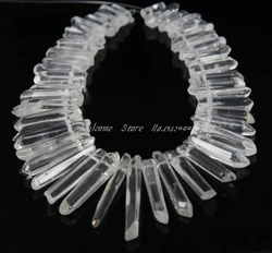 50Pcs/Strand Polished Clear Quartz Stick Point Pendants,Raw Crystals Top Drilled Spike Beads,6-8x26-46mm