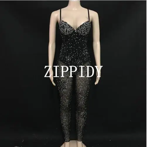 2019 กระพริบ Full Rhinestones สีดำตาข่ายดูผ่าน Jumpsuit ไนท์คลับผู้หญิง Dance Dance Birthday Party ชุด