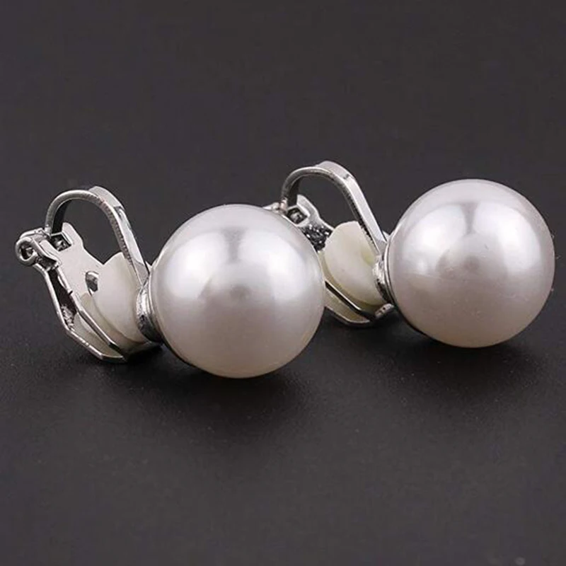 GRACE JUN Wholesale White Red Color Faux Pearl Clip on Earrings No Pierced for Women Charm Popular Gold/ Silver Plated Ear Clip
