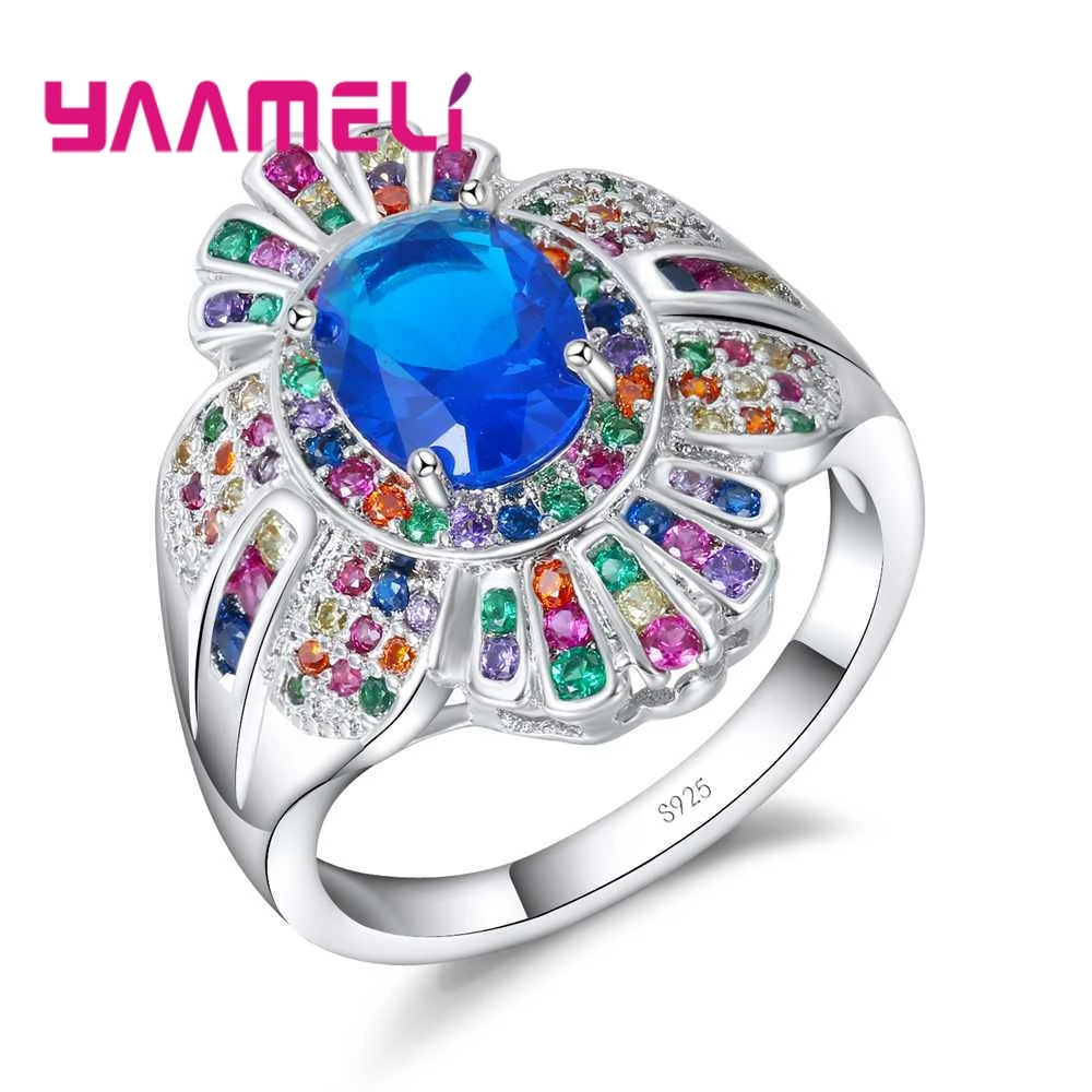 Luxury Elegant Blue Flowers Crystal Embellishment Stone Ring Party Accessories 925 Sterling Silver For Thanksgiving