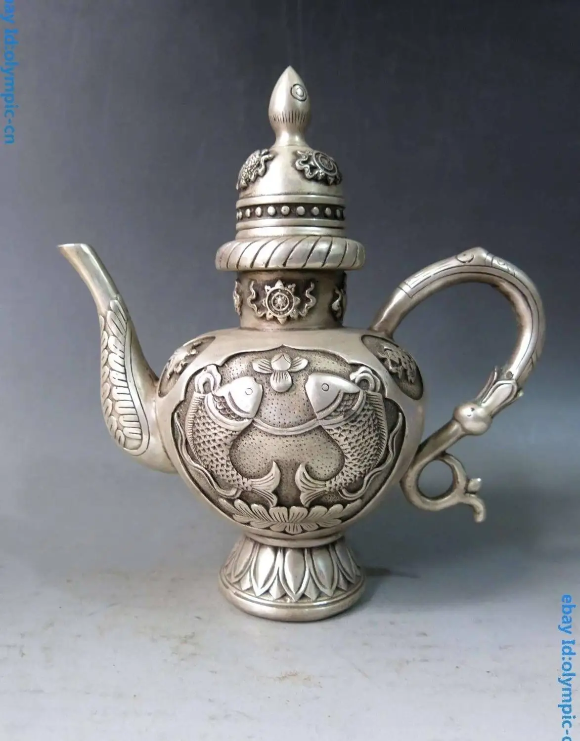 

9" China silver carved fine two fish Eight treasures wine pot Flagon Statue