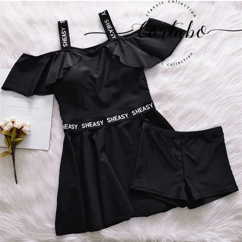 Letter Sexy Black Women One Piece Swimwear Skirt Bathing Suit Summer Swimming Dress Padded Push Up Swimsuit Swim Beach Wear