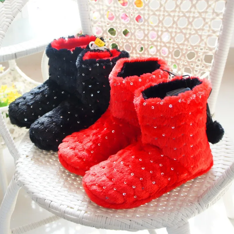 

Boys and girls plush cotton slippers antiskid warm winter boots sequins bowknot floor household shoes Children'S Slippers