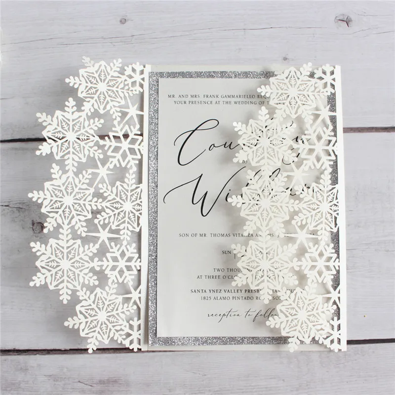 Elegant snowflake wedding invitations ivory shimmer marriage engagement invitation customizable