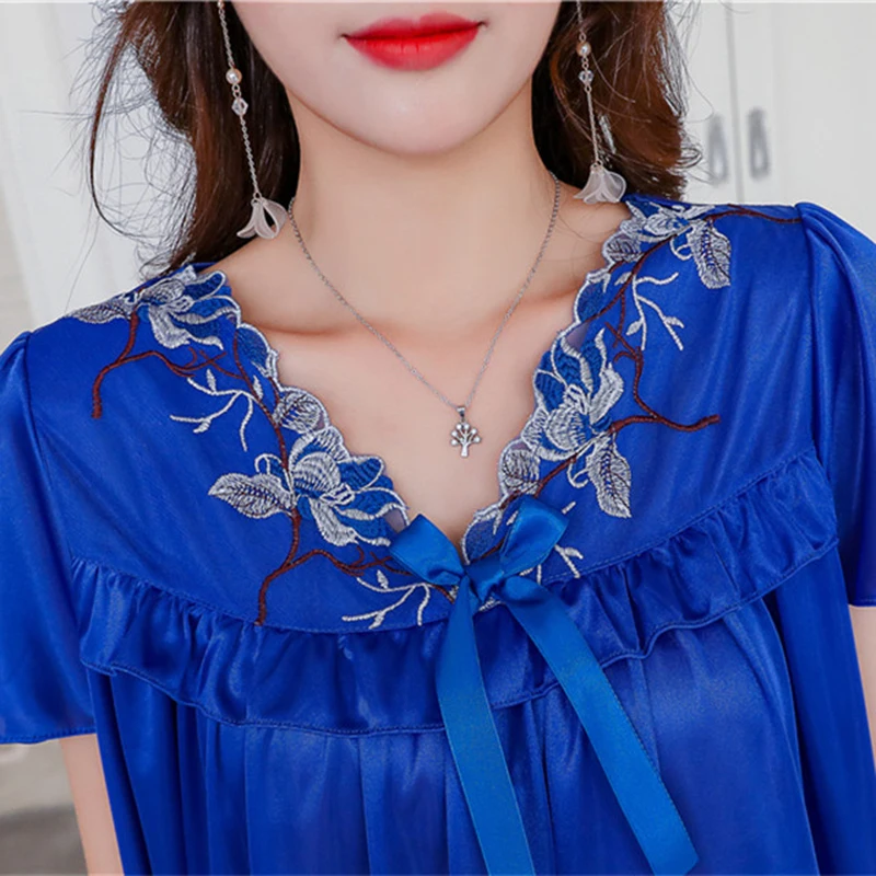 Summer Women Nightgown New Short-sleeved V-neck Sexy Ice Silk Nightdress Loose Large Size Simulation Silk Nightgown Home Service