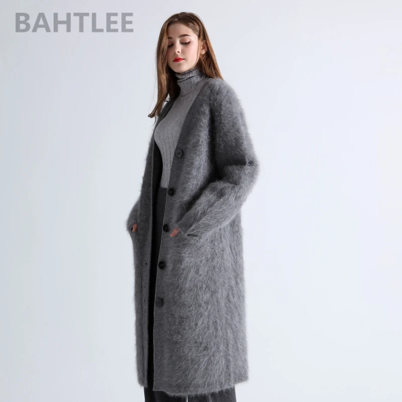 BAHTLEE-Women\'s Angora Long Cardigans, Wool Knitted Sweater, Mink Cashmere, V-Neck, Button Pocket, Thick, Keep Warm, Winter