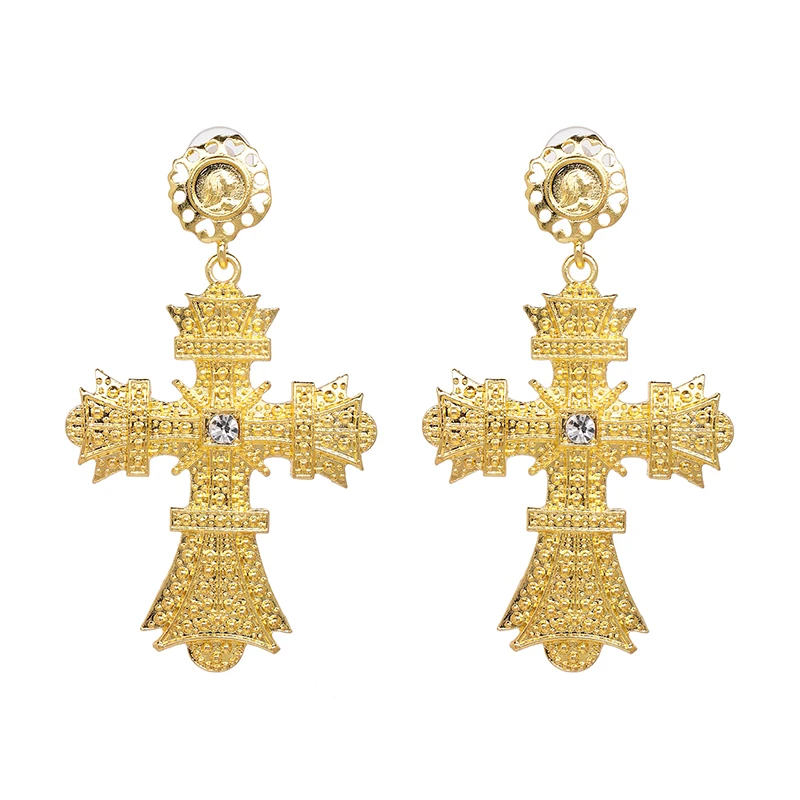 JURAN Vintage Rhinestone Cross Earrings For Women Fashion Baroque Drop Earrings Bohemian Large Long Earrings Jewelry Brinco 2019