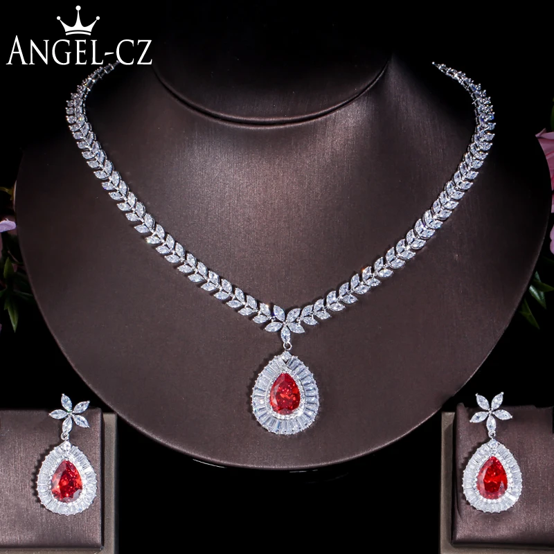 ANGELCZ Elegant Women CZ Costume Jewelry Big Tear Drop Red Stone Bridal Party Necklace Earrings Set For Wedding Evening AJ067