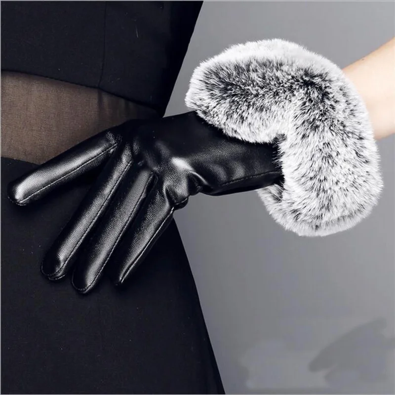 Guantes de piel sintética con bola de pelo de conejo para mujer, manoplas cálidas de Cachemira de dedo completo, a la moda, G138-1 pantalla táctil, Invierno