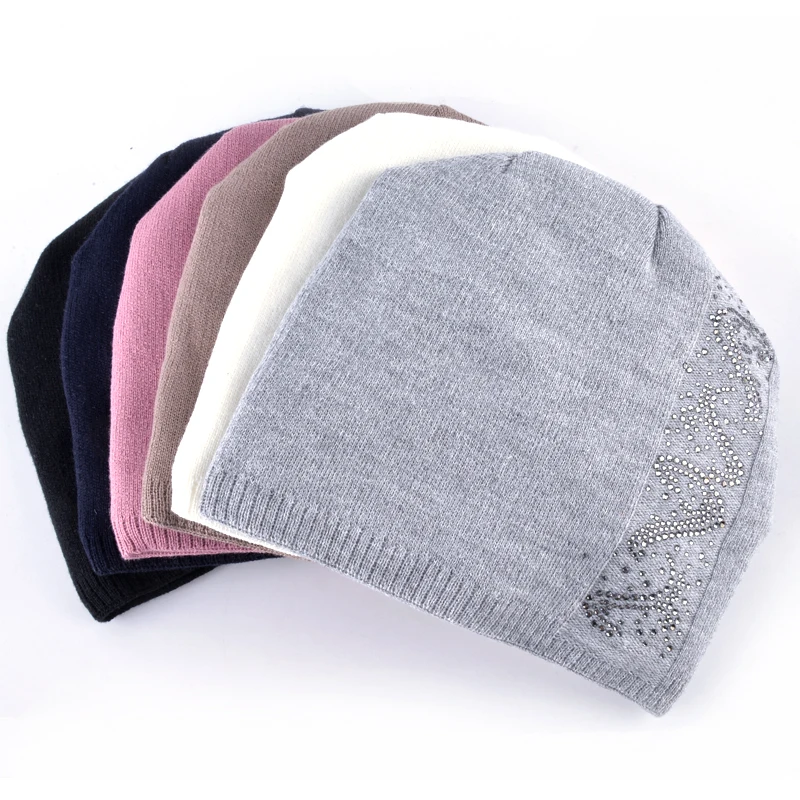 Rhinestone Solid Knitted Beanie Caps Women Autumn And Winter Beanies Bonnet Female Hiver Bonnets Femmes Girls Skullies Hat Gorro