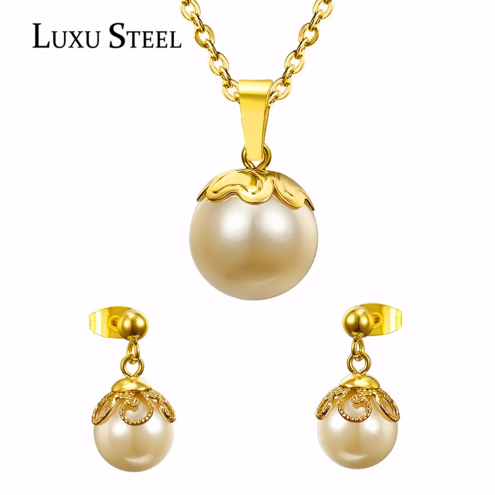 LUXUSTEEL collares mujer Fake Round Imitaiton Pearl Pendant Necklace Earring Brinco Fashion bridal jewelry sets Stainless Steel