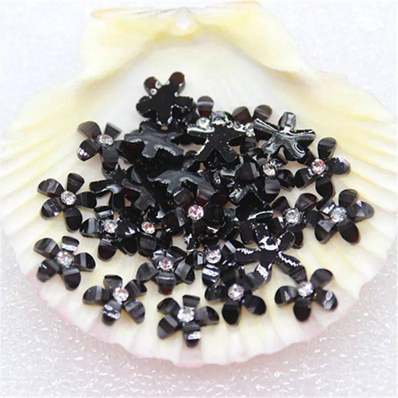 100pcs/lot 10mm cute resin black flower with rhinestone flatback cabochon for DIY nail art decoration