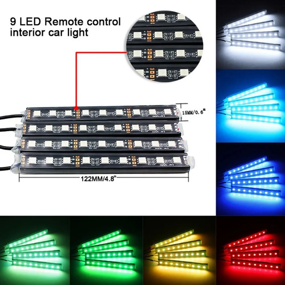 4 Pçs/set 7 Cores LED Kit de Iluminação Interior Do Carro com Controle Remoto Sem Fio Kit de Decoração de Estilo de Luz de Atmosfera Automotiva