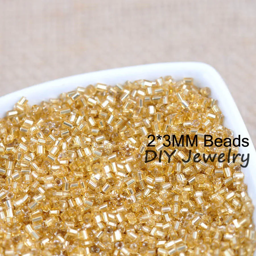 16g 1000pcs 2*3mm Gold Tone Silver Lined Tube Loose Spacer Beads Cezch Glass Seed Beads Handmade Jewelry Making DIY Garment Bead