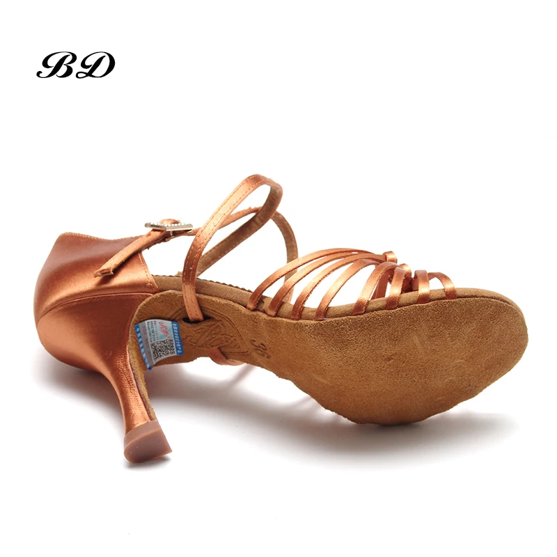 Sneakers Dance Ballroom Women Latin Shoes Cowhide Anti-slip Sole Imported Satin Knot Design Diamond Buckle BD 286 HEEL