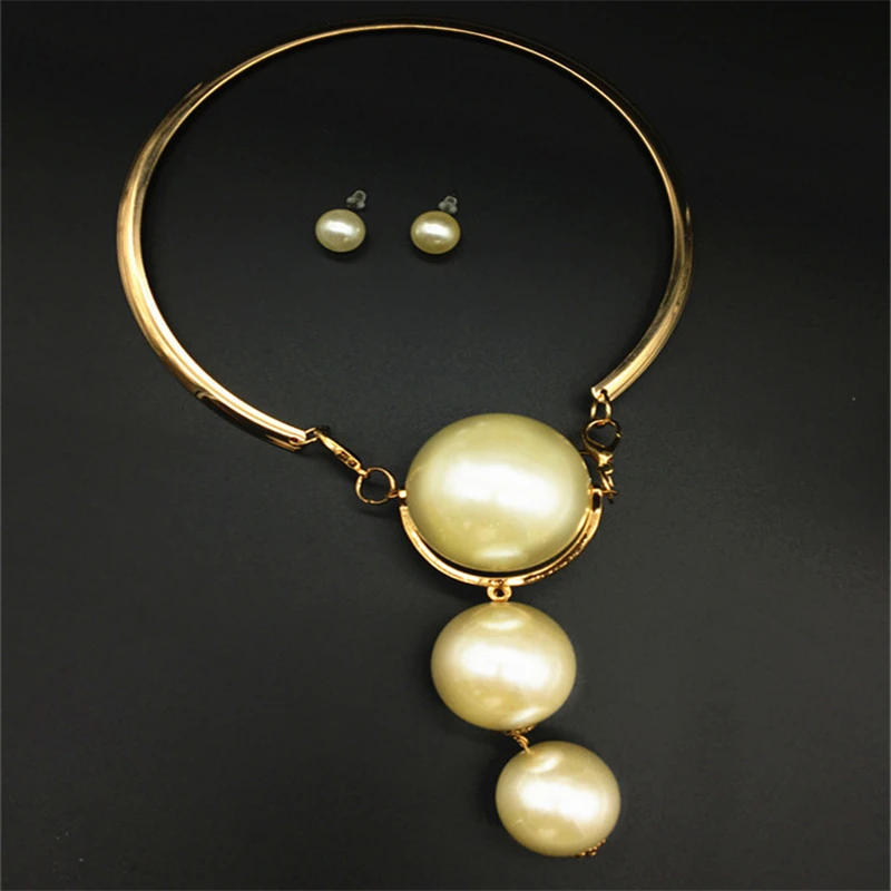 Dubai Gold Pearl Wedding Jewelry Sets African Bridal Necklace Earrings Exaggerated Style Women Fashion Accessories
