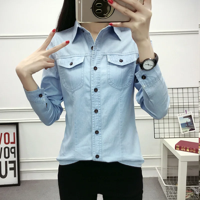 Autumn Long Sleeve Denim Shirts Women Casual Streetwear Pockets Button Up Slim Ladies Tops Cotton Vintage Jean Blouses Sky Blue