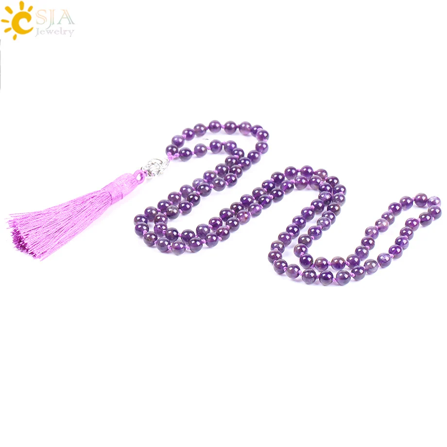 CSJA Natural Amethystine Purple Crystal Quartz Tassel Necklaces Round Gem Rosary 108 Mala Beads Buddha Meditation Casual F171