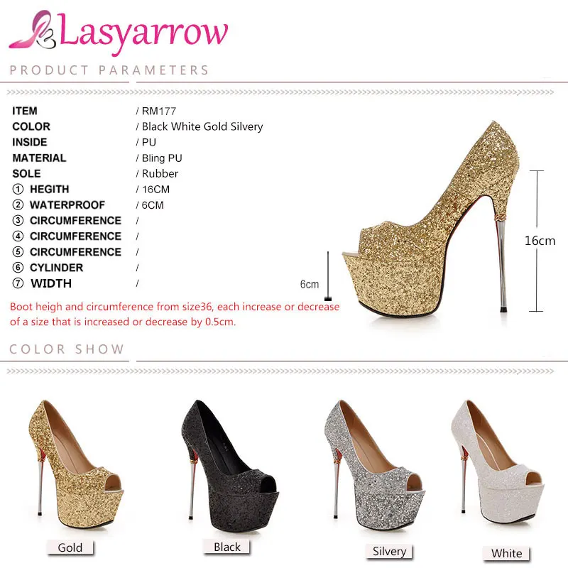 Lasyarrow Brand Shoes Women Platform High Heels Pumps Peep Toe Bling Bling Gold Silver Wedding Shoes Thin Heels Big Size RM177