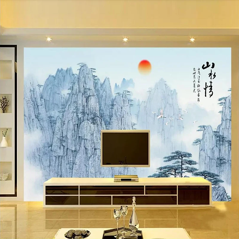 Decorative wallpaper Chinese style artistic conception scenery crane TV background wall