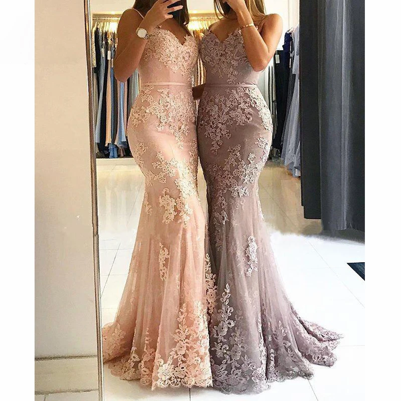 JaneVini Elegant คำเบอร์กันดี Mermaid ชุดราตรียาวสปาเก็ตตี้สายรัดลูกไม้ Appliques Sequins Backless เซ็กซี่ Dresses 2019