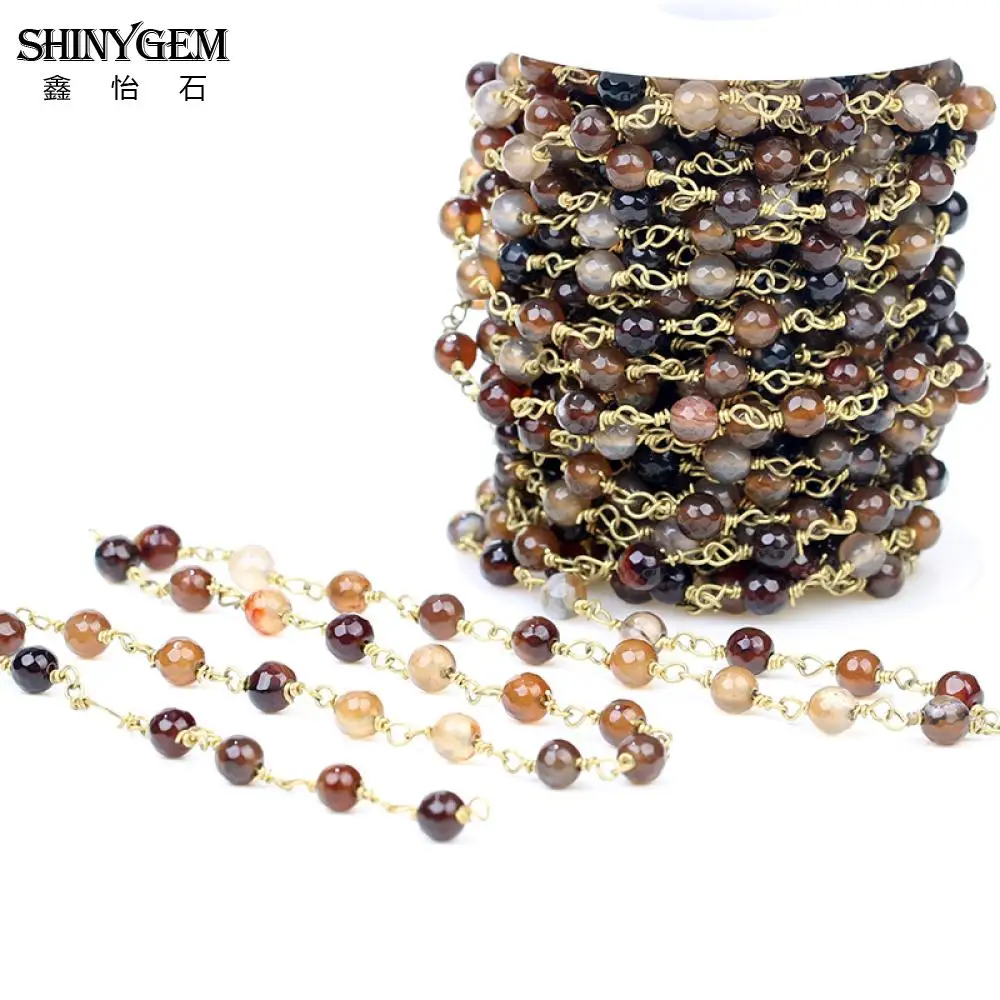 ShinyGem 6mm Brown Agates Bead Chains Coffee Faceted Natural Stone Rosary Chains For Jewelry Making 5 Meters Wholesale Lots Bulk