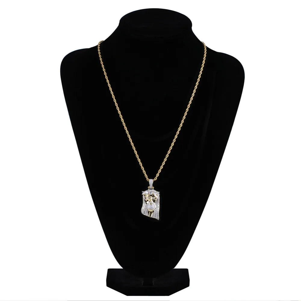 TOPGRILLZ Hip Hop New Fashion Gold Color Plated Iced Out Big CZ Stone Masked Jesus Face Pendant Necklace Crystal With Three Type