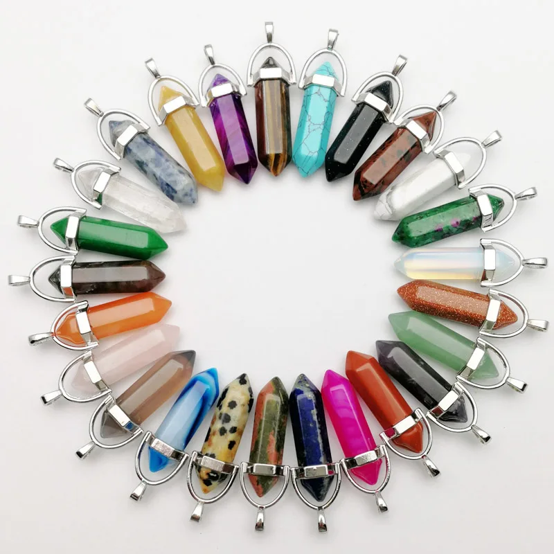 

Wholesale 24pcs fashion Hot Sale Assorted Natural Stone Pendants Charms Hexagonal Pointed Healing Reiki Chakra pendant free