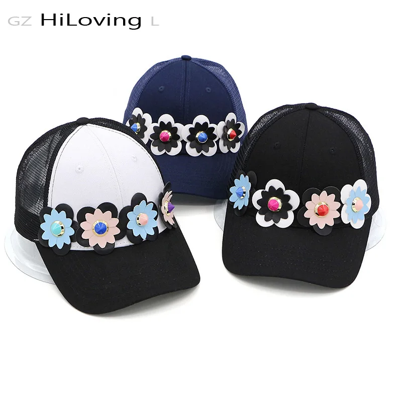 

GZHilovingL Women Summer Cotton Flower Baseball Cap Hat Pu Floral Caps Ladies Girls Fashion Solid Breathable mesh Snapback Cap