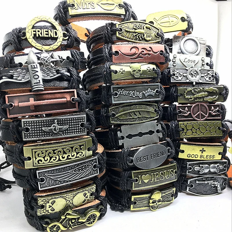 

Wholesale Lots Bulk 50pcs genuine Cuff leather Bracelet Men Women unisex mosaic Copper alloy Mix Styles Fashion Handmade Jewelry