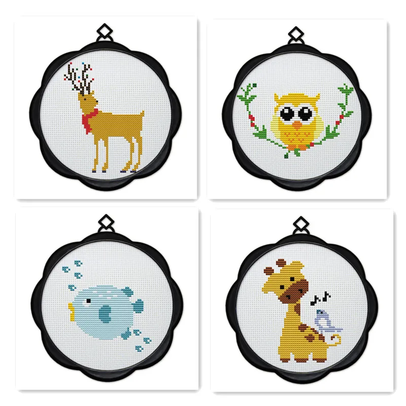 

Small simple embroidery animal deer owl giraffe small fish cross-stitch kit beginner novice children's embroidery loading frame