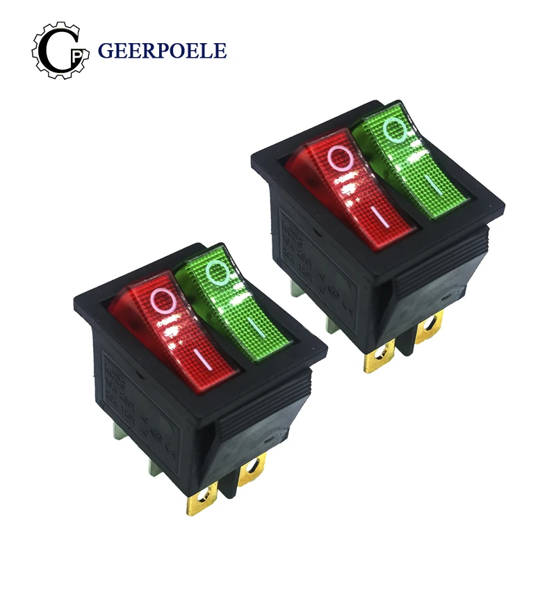 2 pcs/lot KCD4 31*25mm RED/GREEN Led Copper feet 6PIN DPDT Boat Rocker Switch on off Snap-in Position switch 16A 250V Light