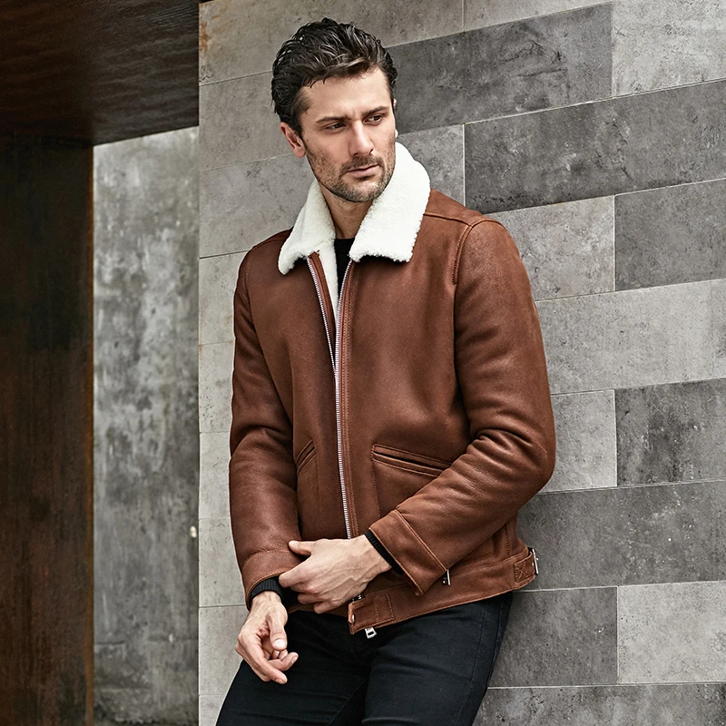 Men's B3 Shearling Jacket Coat Men's Short Turndown Collar Coat Men's Leather Warm Jacket