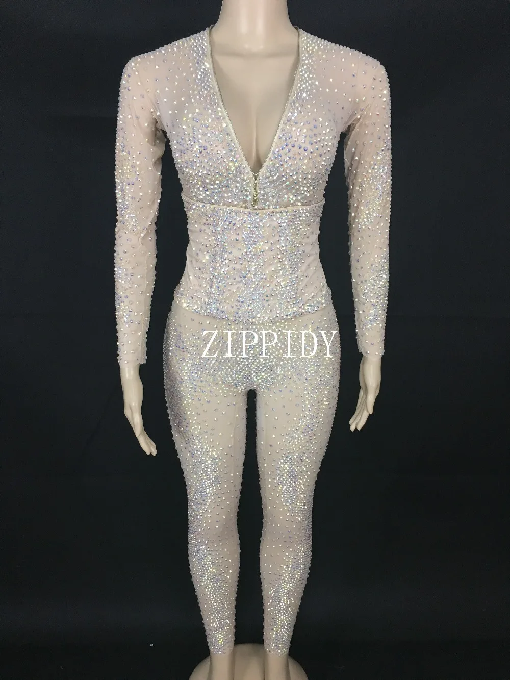 Blau Oder Silber Glisten Strass Overall Stretch Mesh Steine frauen Party Tragen Nachtclub Zeigen Strampler Sexy 3 Farben Kostüm