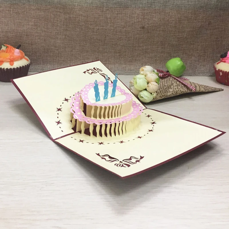 1pcs Laser Cut Handmade Birthday Cake 3D Pop Up Greeting Card Postcard Gift Cards With Envelope Baby Shower Birthday Supplies