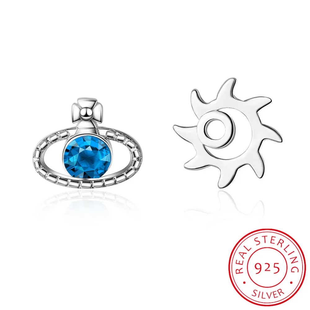 

Simple Asymmetrical Hollow Sun Blue Planet 925 silver needle Earring For Women Girl Gift Oorbellen Brincos De Prata