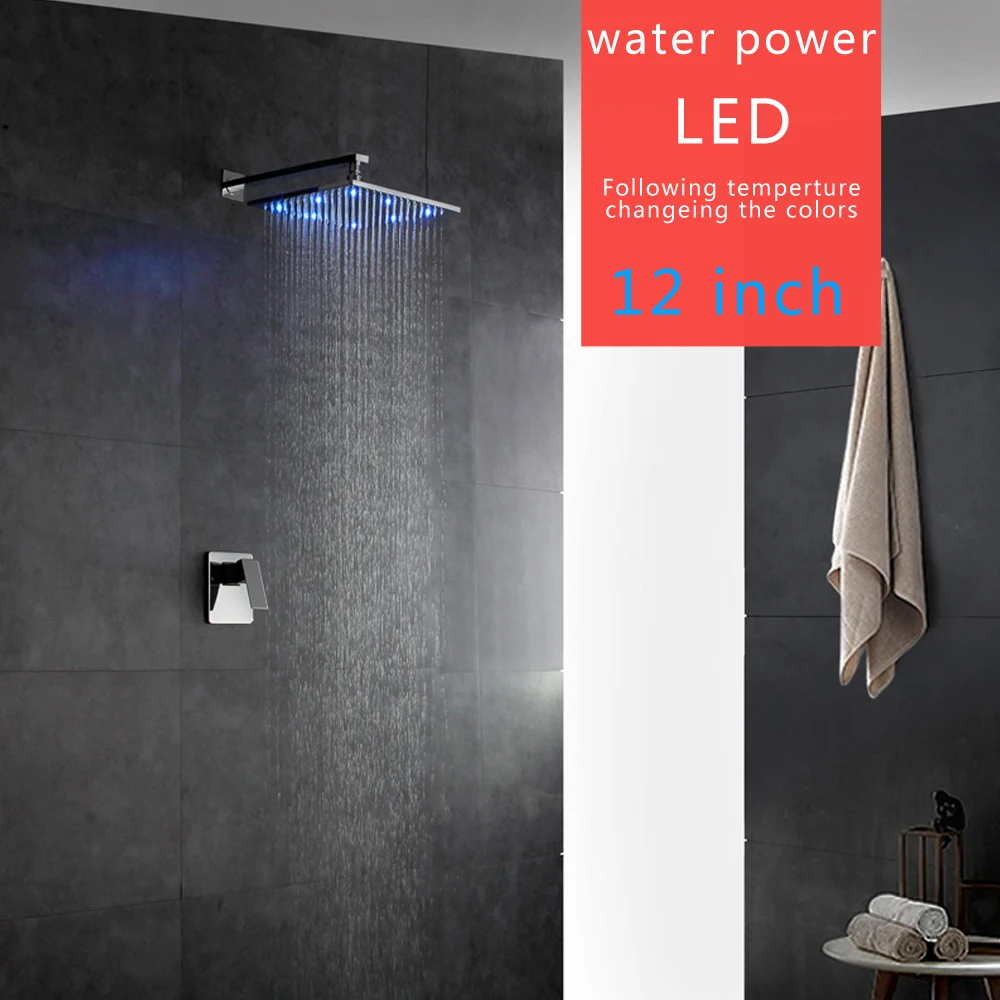 

SKOWLL Bathroom Shower Faucet Wall Mount 12 Inch Rainfall Shower Head Set LED, Polished Chrome HG-8403