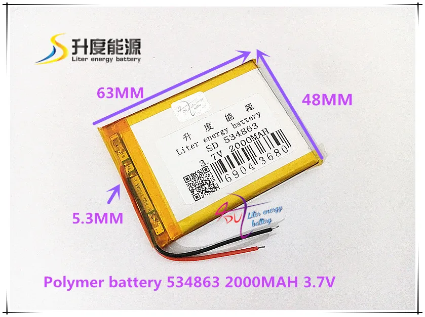 

3.7V 2000mAH 534863 polymer lithium ion / Li-ion battery for power bank GPS dvr mp3 mp4 cell phone speaker