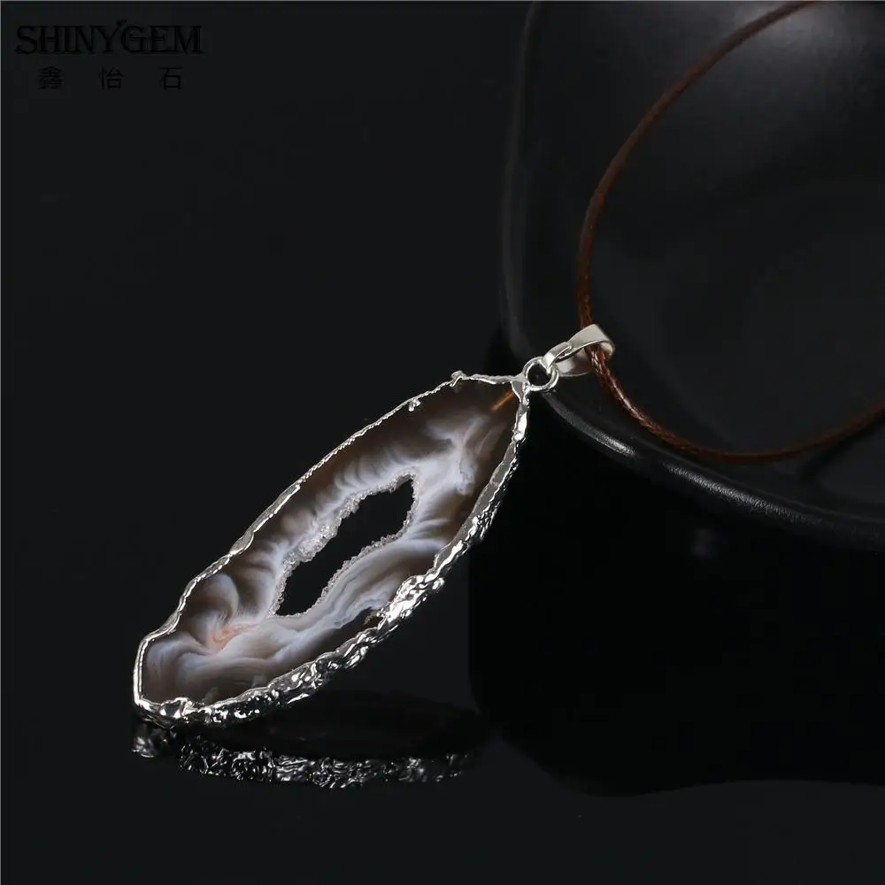 ShinyGem Gold/Silver Plated Druzy Crystal Pendant Necklace Natural Black Brown Agates Handmade Leather Chain Necklaces For Women